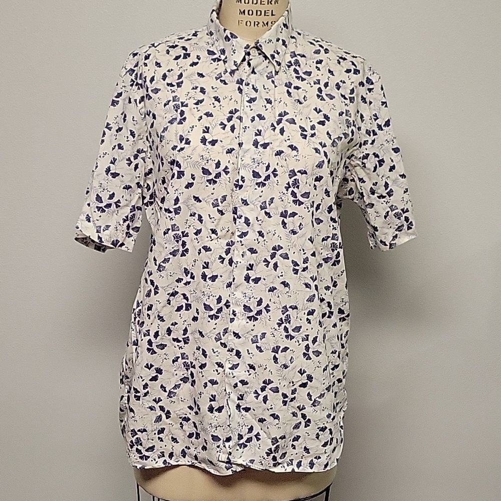 Joseph Abboud Short Sleeve Blue Floral Cotton Short Sleeve Shirt, Size L